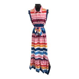 Kensie red pink stripe tiered belted collared button down Maxi Shirt dress sz 10